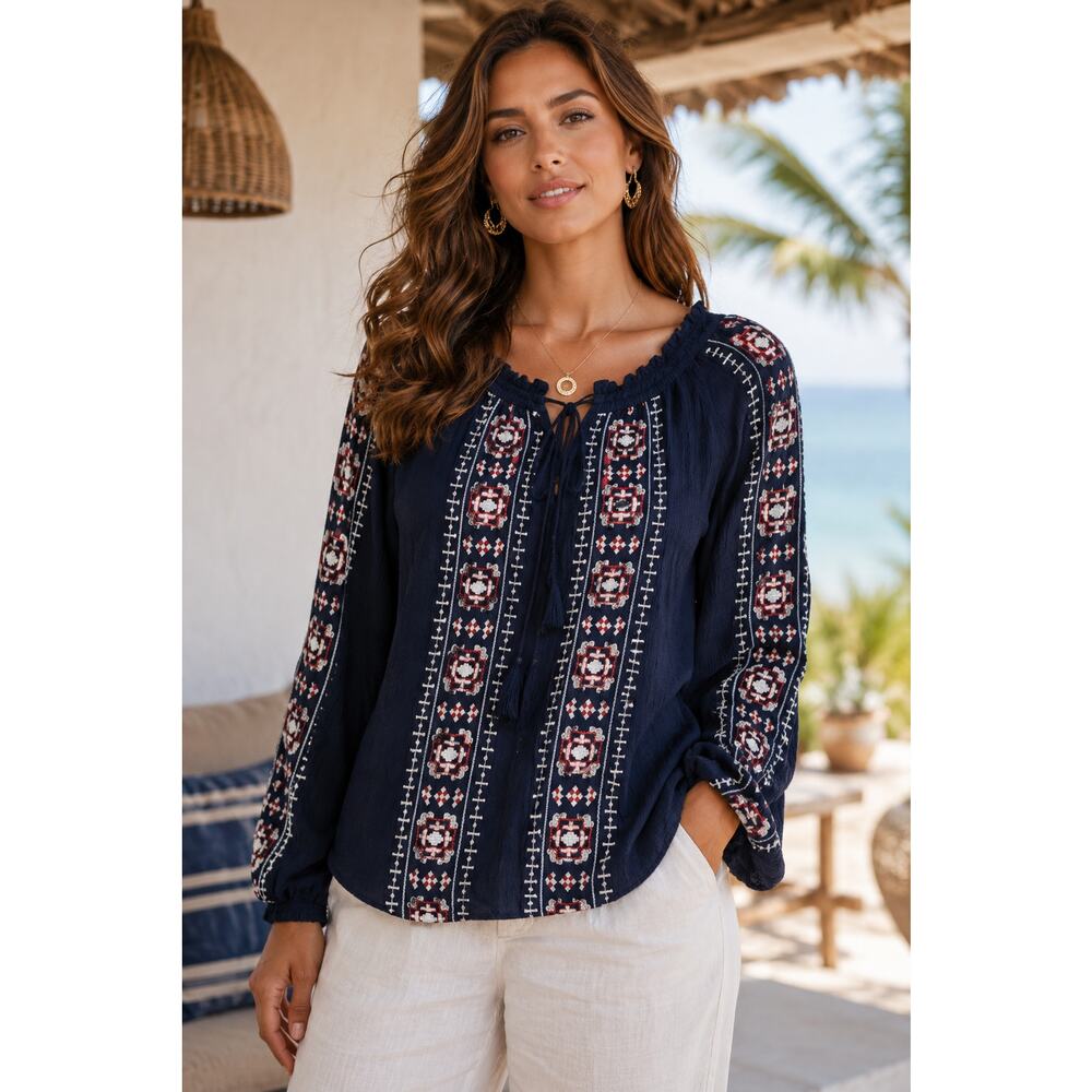Abercrombie & Fitch navy blue XS boho top white and red embroidered long sleeves - Picture 1 of 10
